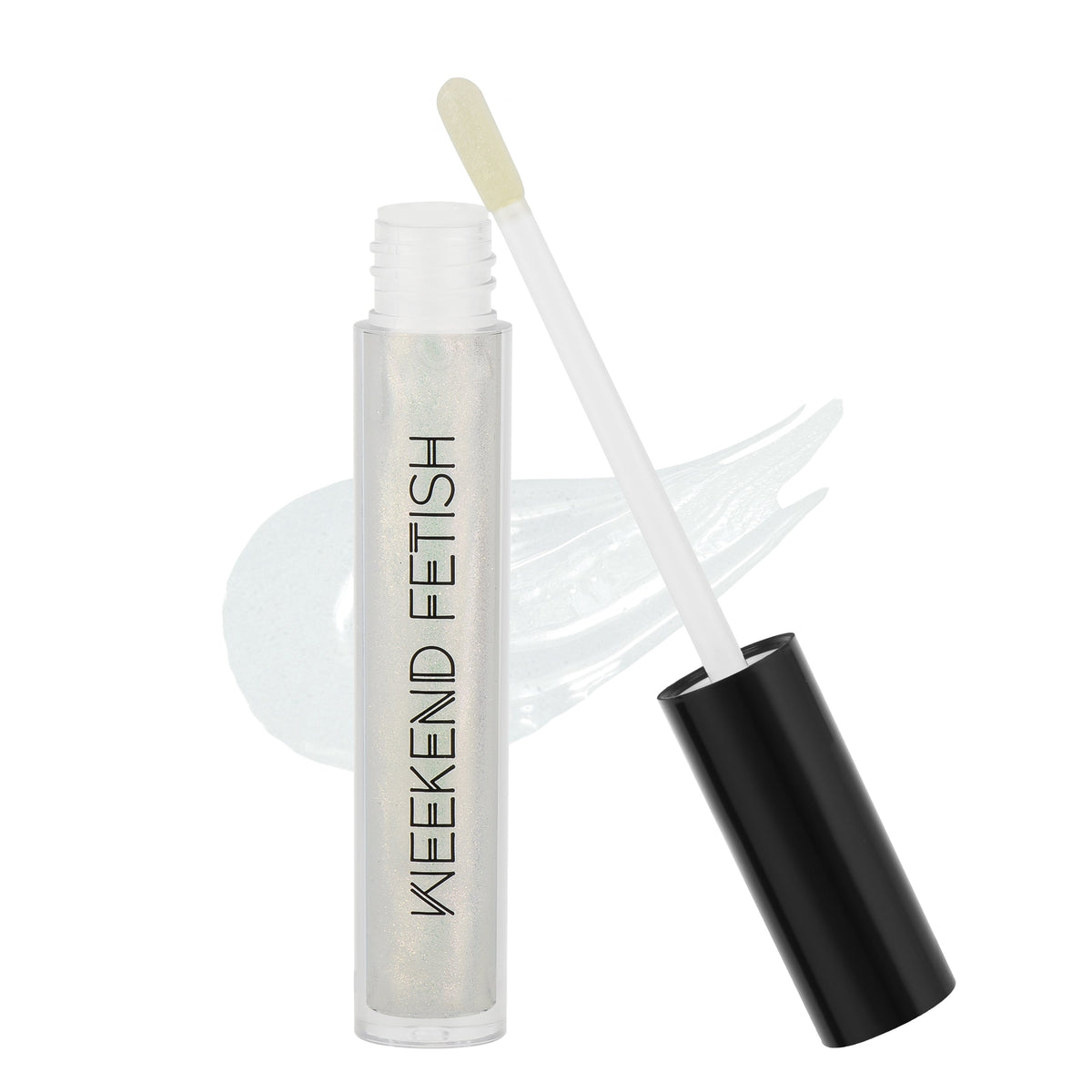 Weekend Fetish Shimmer Lip Gloss tube and applicator with clear reflective shimmer