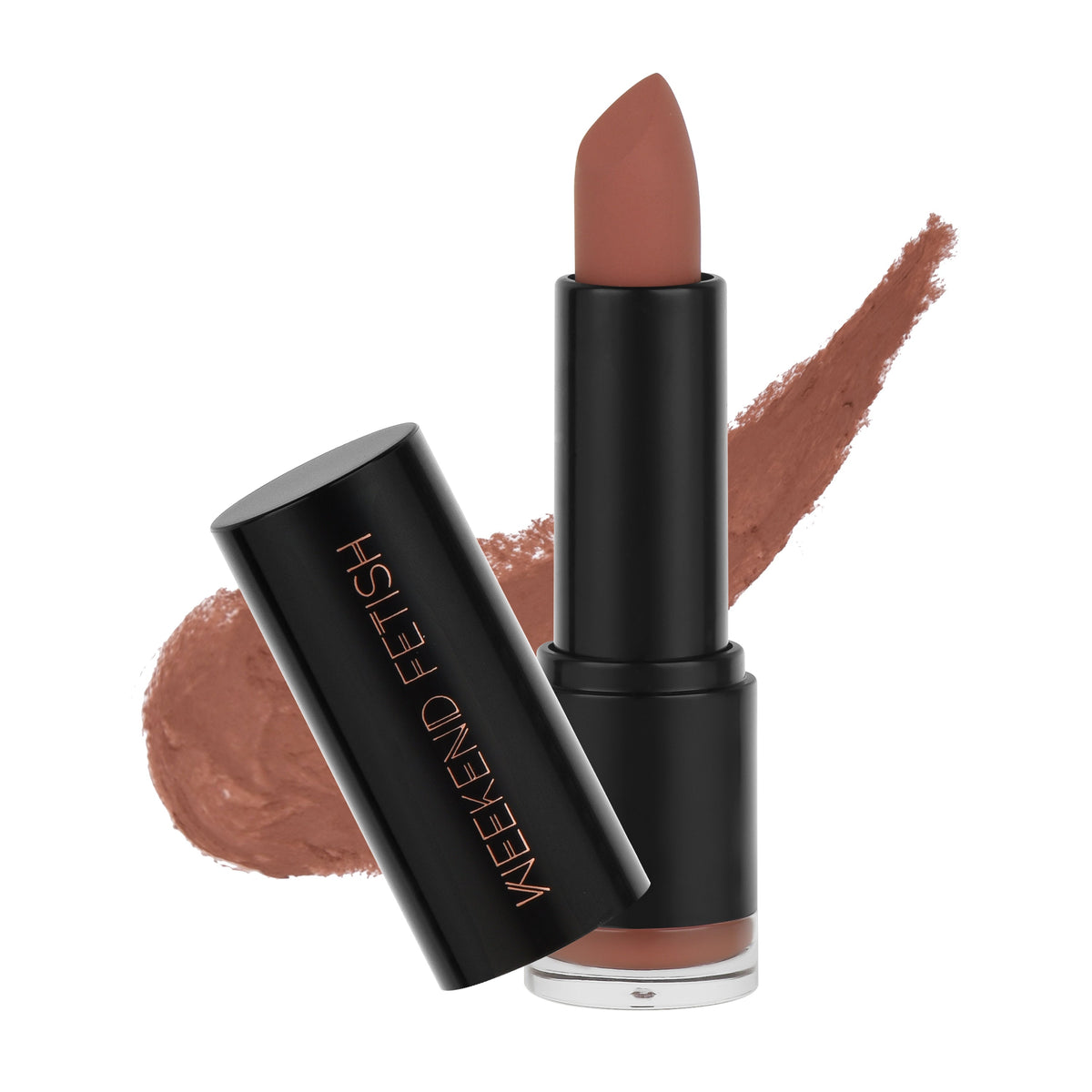 Weekend Fetish Creamy Matte Lipstick Baddie, in a warm nude shade