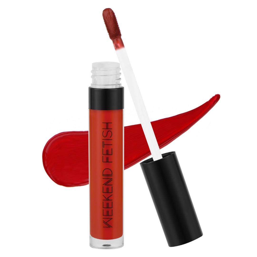 Weekend Fetish Matte Liquid Lipstick in Dirty Red, a bold red shade