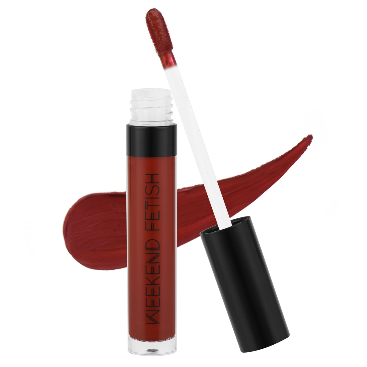 Weekend Fetish Matte Liquid Lipstick in Boss Babe, a bold red shade.