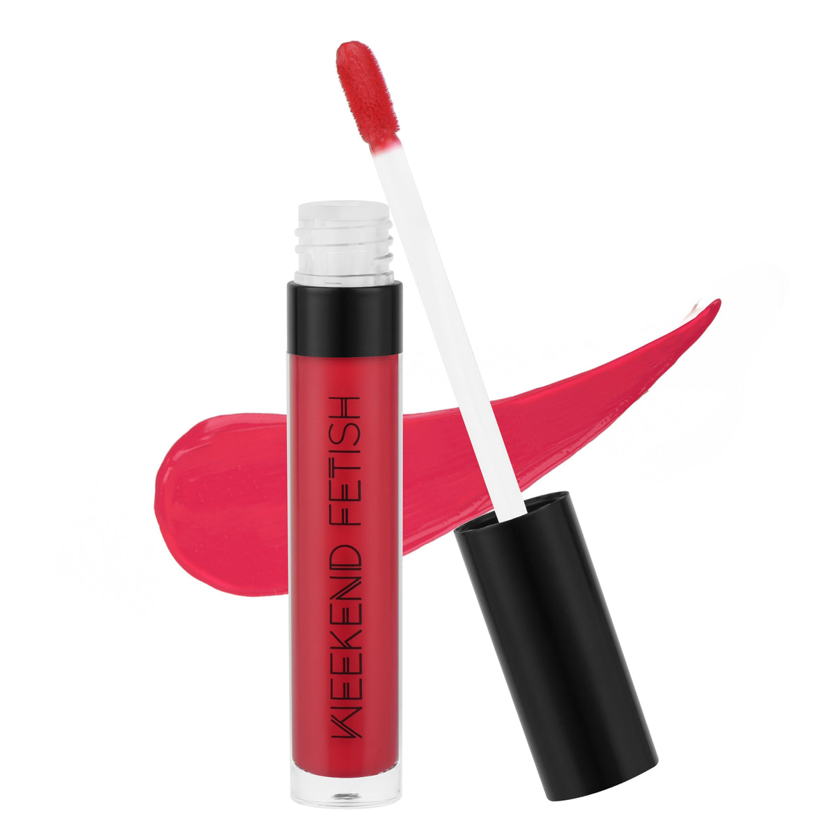 Weekend Fetish Matte Liquid Lipstick in Coral Cashmere, a bold coral shade.