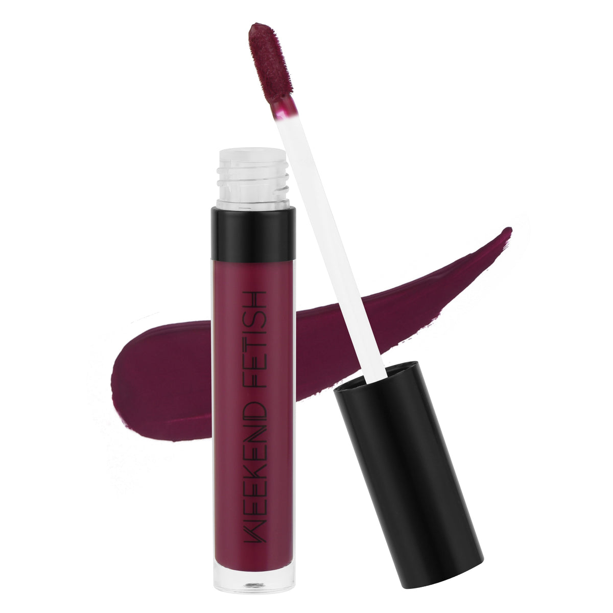 Weekend Fetish Matte Liquid Lipstick in Desire, a bold plum shade