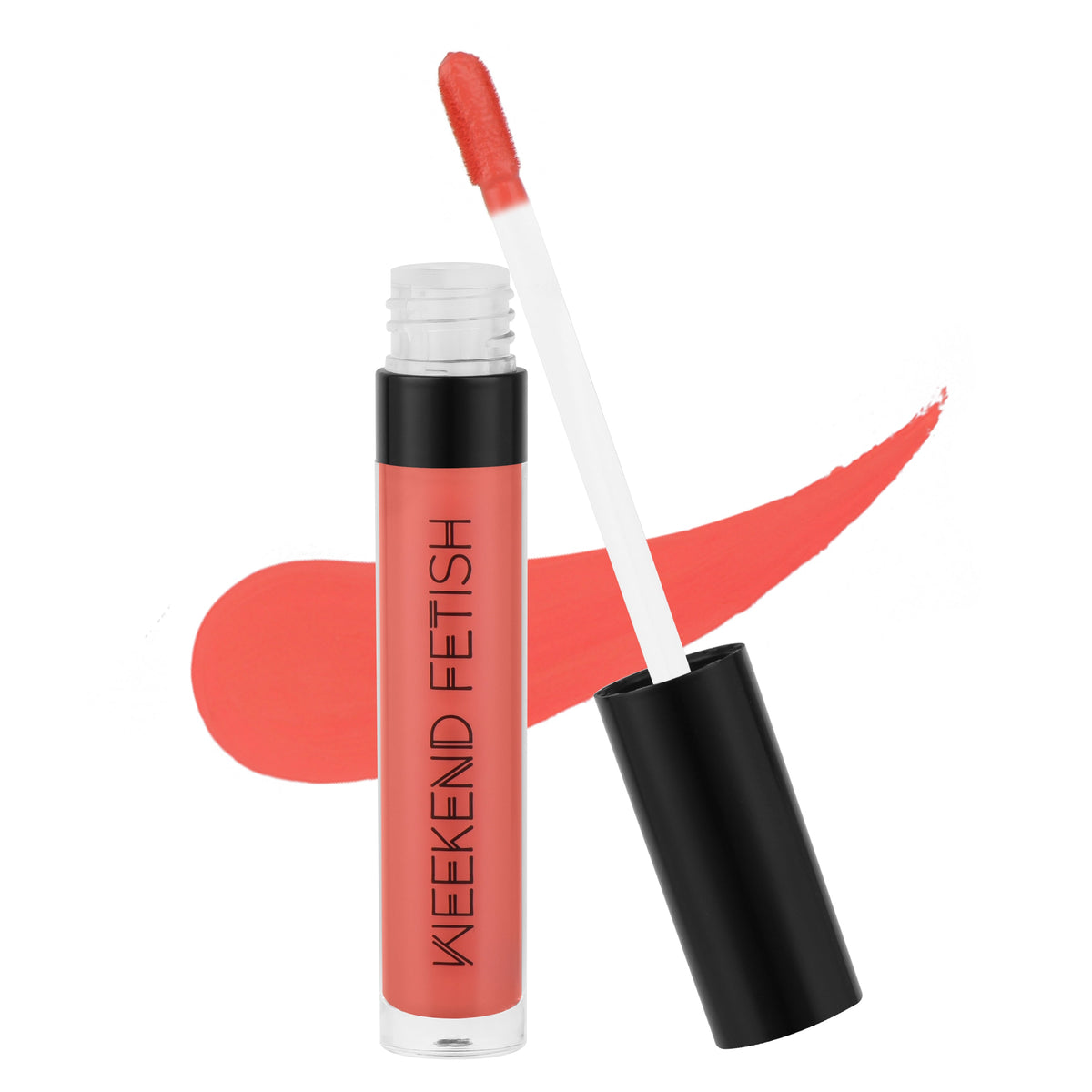A tube of KEEKEND FETISH liquid lipstick in a Peachy shade, shown with the applicator wand and a matching coral-color smear on a white background.
