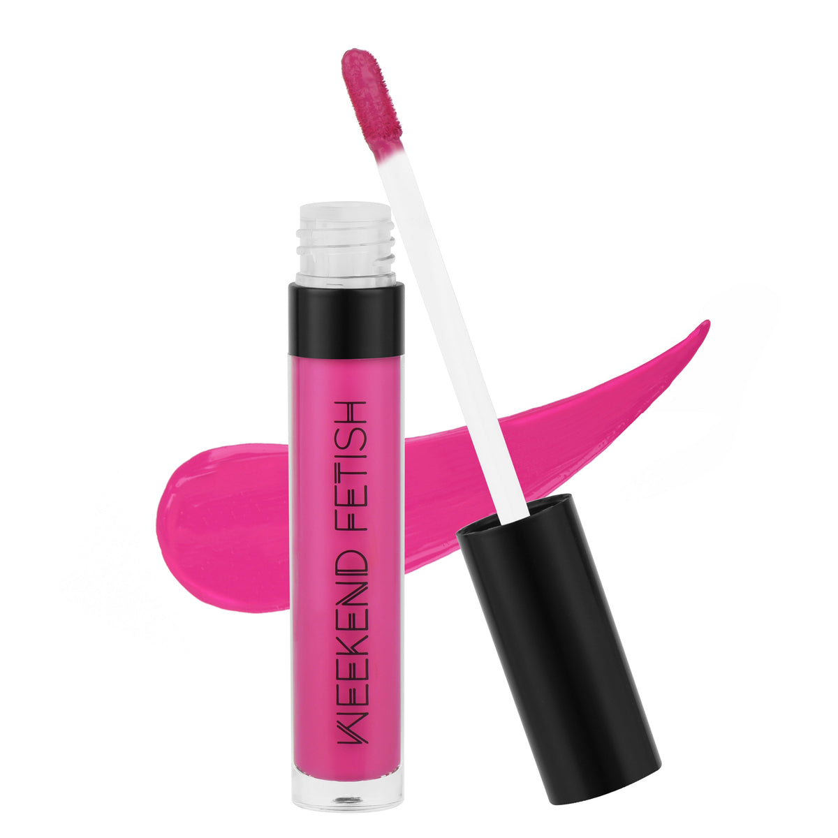Weekend Fetish Matte Liquid Lipstick in Pouty, a bold pink shade.