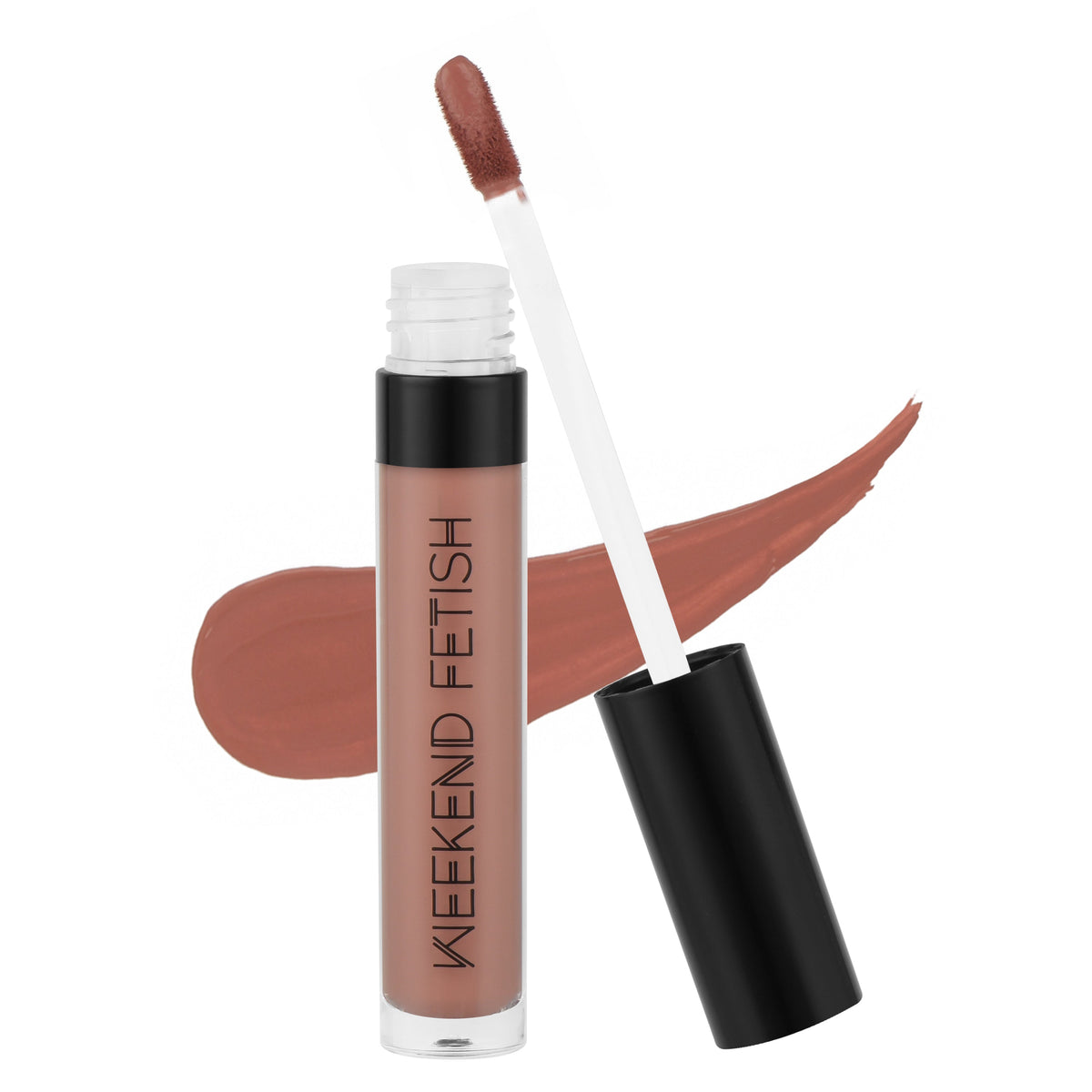 Weekend Fetish Matte Liquid Lipstick in Temptation, a nude pinkish brown shade